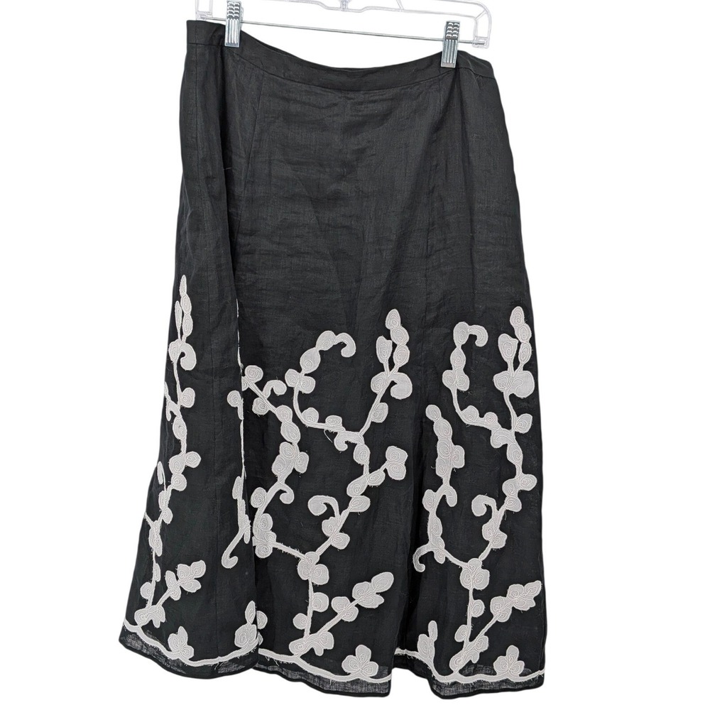 Peter‎ Nygard Linen Skirt Womens 10 Black Embroidered A-Line Midi Floral Casual